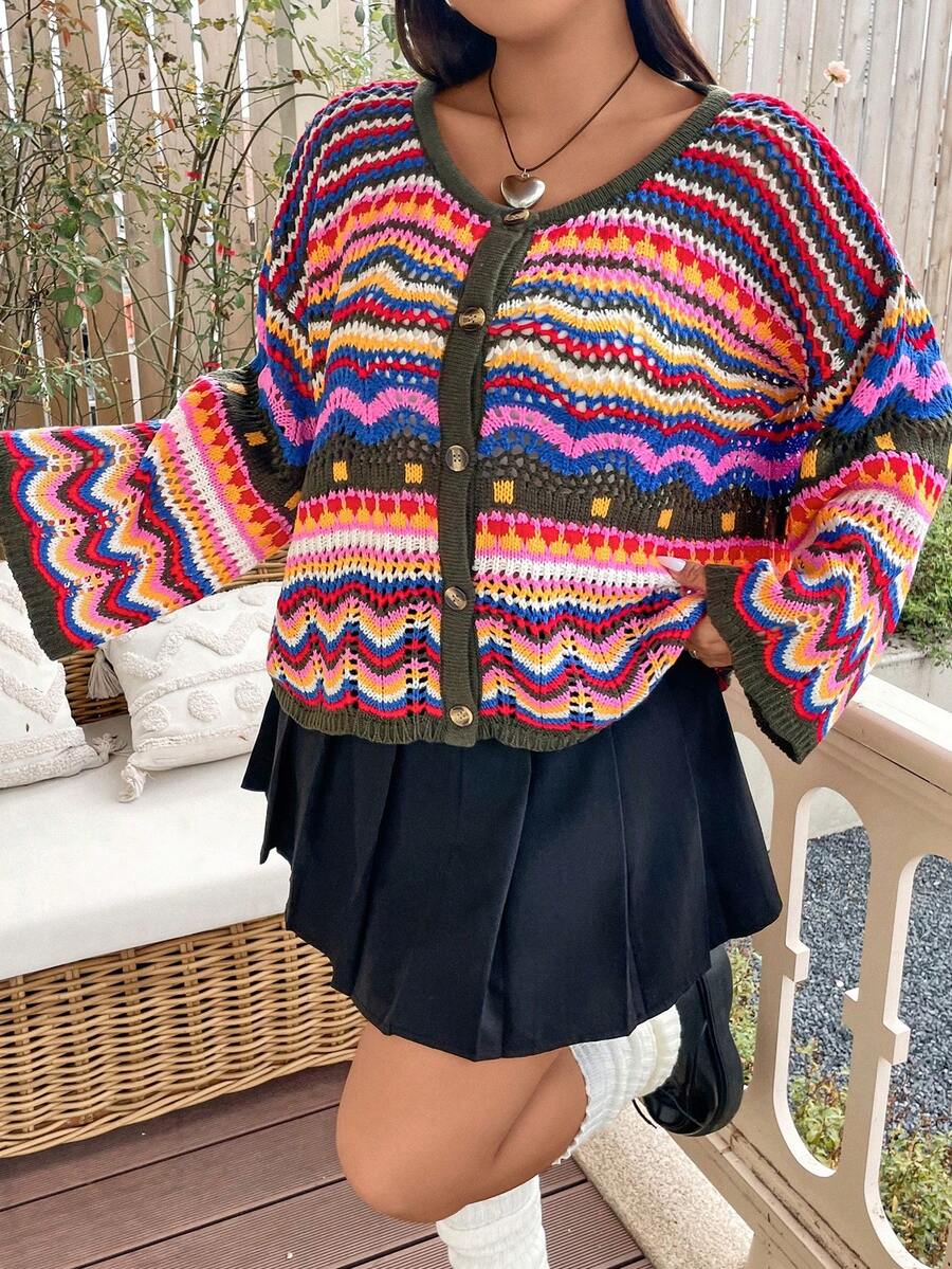 Flirla 大碼鋸齒圖案落肩袖網眼針織開襟衫 - 彩色 - 查看 1