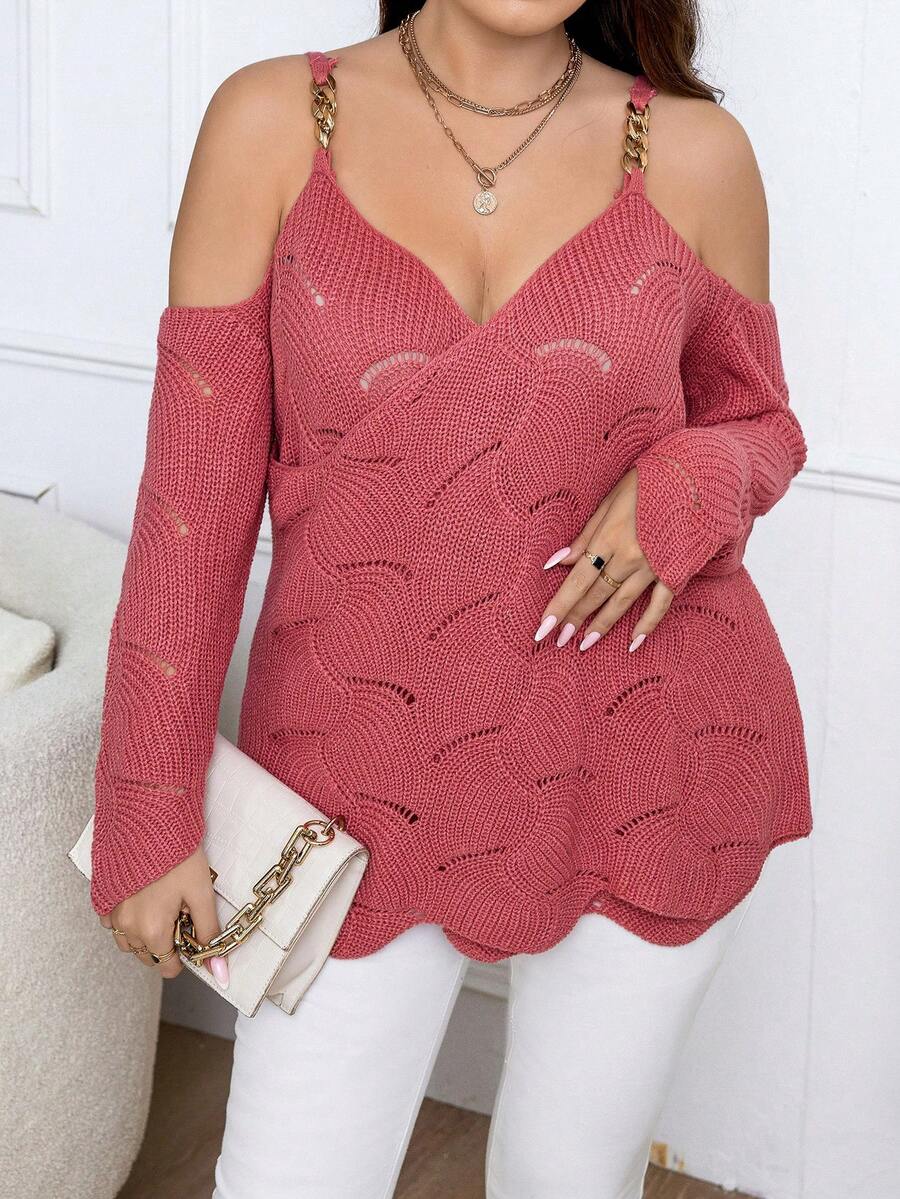 Celure Hơn Vai lạnh Chi tiết chuỗi Vai lạnh Dệt kim chấm bi Chi tiết chuỗi Áo len - Màu Hồng  Dưa hấu - Xem 1