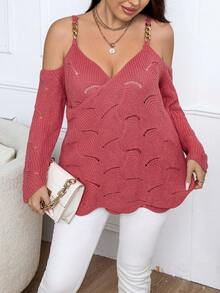 Celure Hơn Vai lạnh Chi tiết chuỗi Vai lạnh Dệt kim chấm bi Chi tiết chuỗi Áo len - Màu Hồng  Dưa hấu - Xem 3