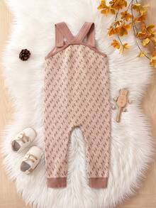 女嬰滿版圖案交叉套頭毛衣背帶連身褲 - 卡其色 - 查看 2