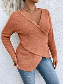 Celure 大碼交叉圍裹不對稱下擺條紋針織T恤 - 橘色 - 查看 4