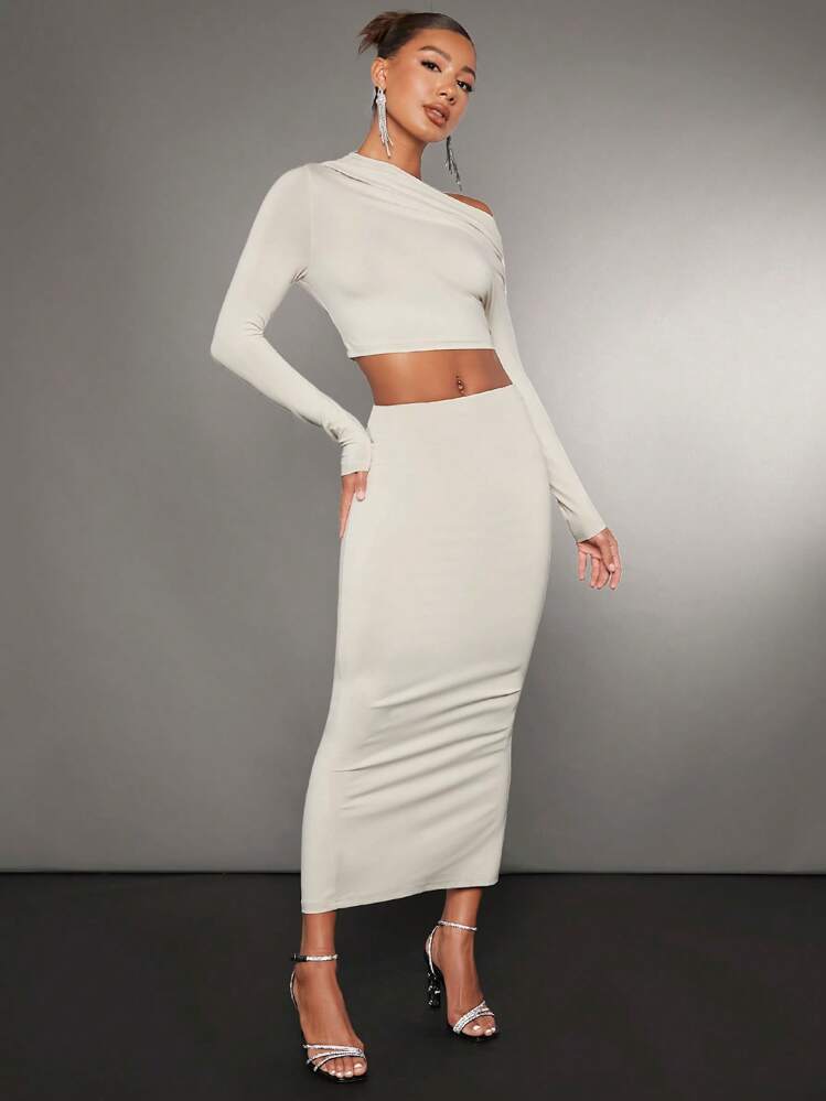 SHEIN BAE צוואר אסימטרי טופים קצרים & חצאית עפרון - משמש - ראה 3