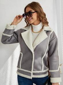 SHEIN Cottnline Lapel Neck Teddy Lined Button Front Coat - Light Grey - View 5