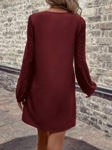 SHEIN LUNE 圓點貝殼邊燈籠袖隱藏口袋洋裝 - 酒紅色 - 查看 2