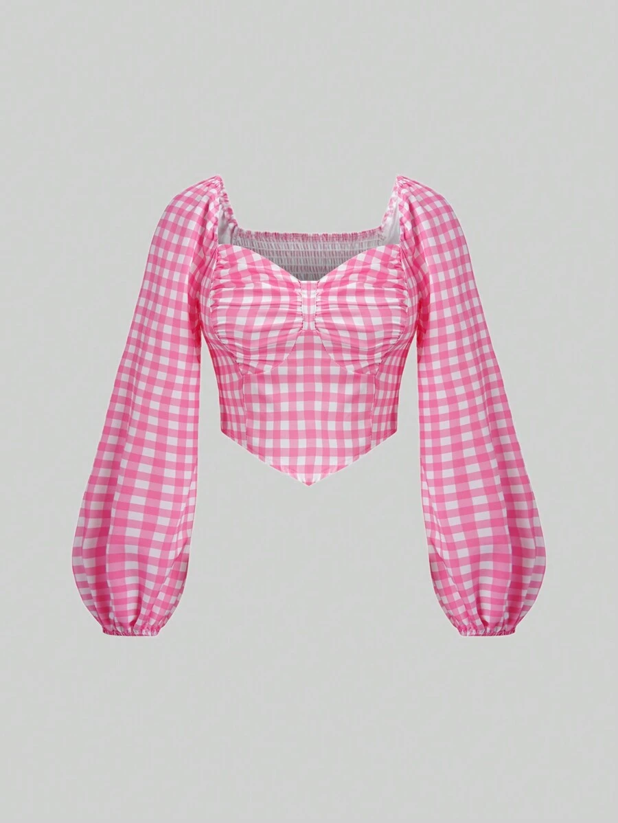 SHEIN Unity Bản in Gingham Nếp gấp Phần Ngực Tay áo lồng đèn Bandana Hem Áo sơ mi Crop - Hồng - Xem 1