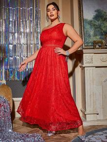 Glamaker 大碼單肩蕾絲覆蓋舞會洋裝 - 紅色 - 查看 4