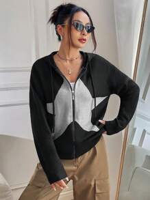 SHEIN Unity 撞色拉鏈開襟抽繩連帽開襟衫 - 彩色 - 查看 1