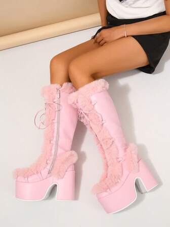 2025秋冬女士过膝长靴，粉色长靴，Y2K朋克风长靴，毛绒长靴，粉色靴子，Y2K鞋履，毛皮长靴，女士厚底高跟鞋