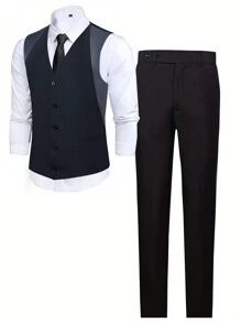 Men Button Up Blazer Vest & Suit Pants Without Shirt - Black - View 1
