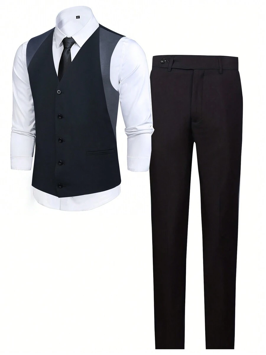 Men Button Up Blazer Vest & Suit Pants Without Shirt - Black - View 1