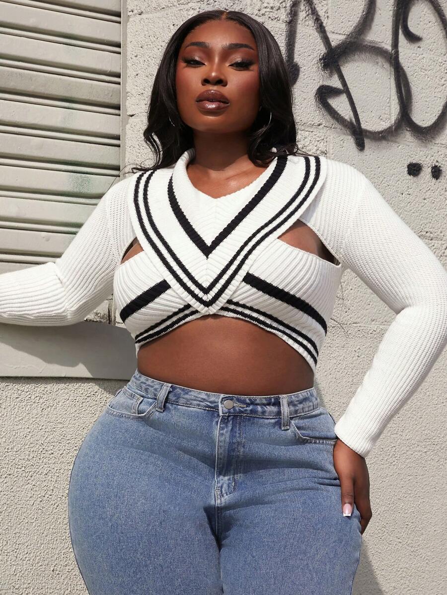 Slaydiva Plus Striped Pattern Crisscross Front Crop Sweater - Black and White - View 1