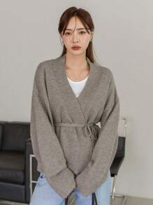 Dazy-Less 纯色落肩开衫，女士休闲系带落肩 V 领常规版型摩卡棕色纯色女士开衫，春/秋，休闲日常穿着老式风格商务休闲女士工作服 - 摩卡棕 - 查看 2