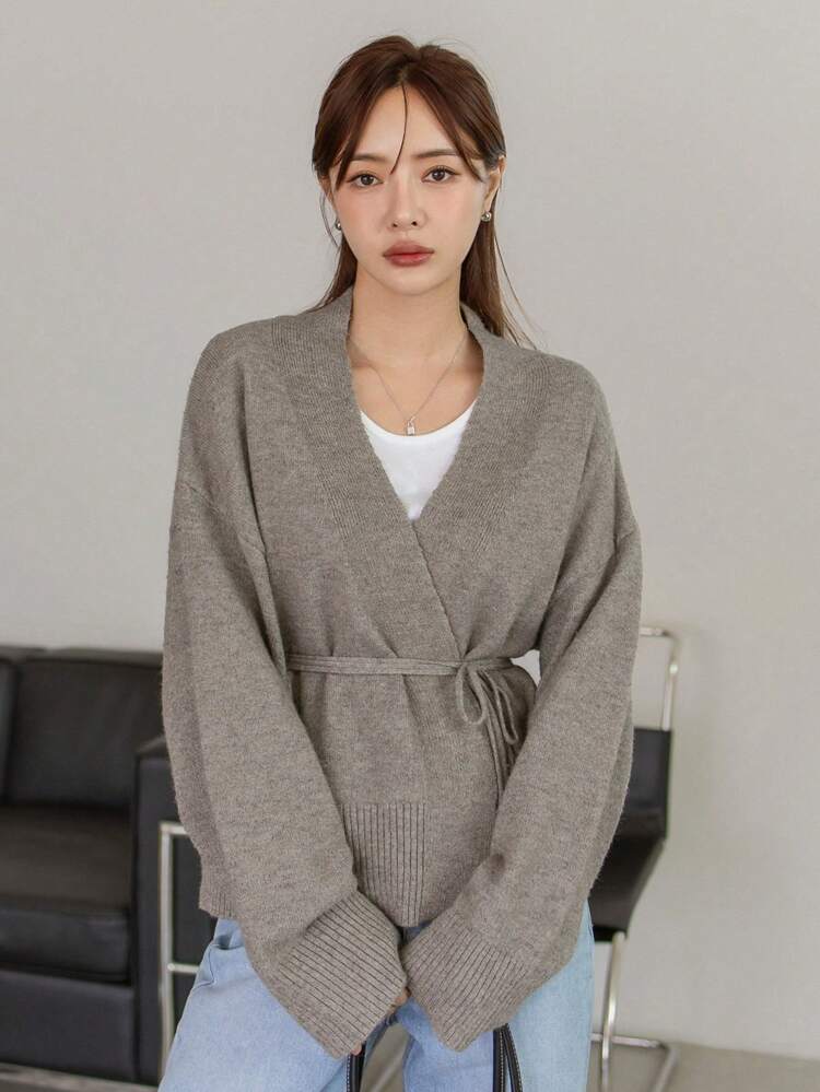 Solid Color Drop Shoulder Cardigan,Ladies Casual Belted Drop Shoulder V Neck Regular Fit Mocha Brown Plain Women Cardigans,Spring/Fall,Casual Daily Wear Old Money Style Business Casual Woman Work Clothes