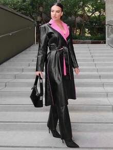 SHEIN Essnce 撞色西裝領腰帶PU皮革外套 - 黑色 - 查看 4