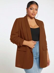SHEIN SXY 大碼青果領開門襟外套 - 棕色 - 查看 3
