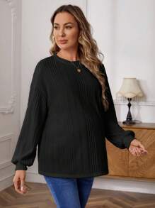 SHEIN 孕婦落肩袖條紋針織T恤 - 黑色 - 查看 5