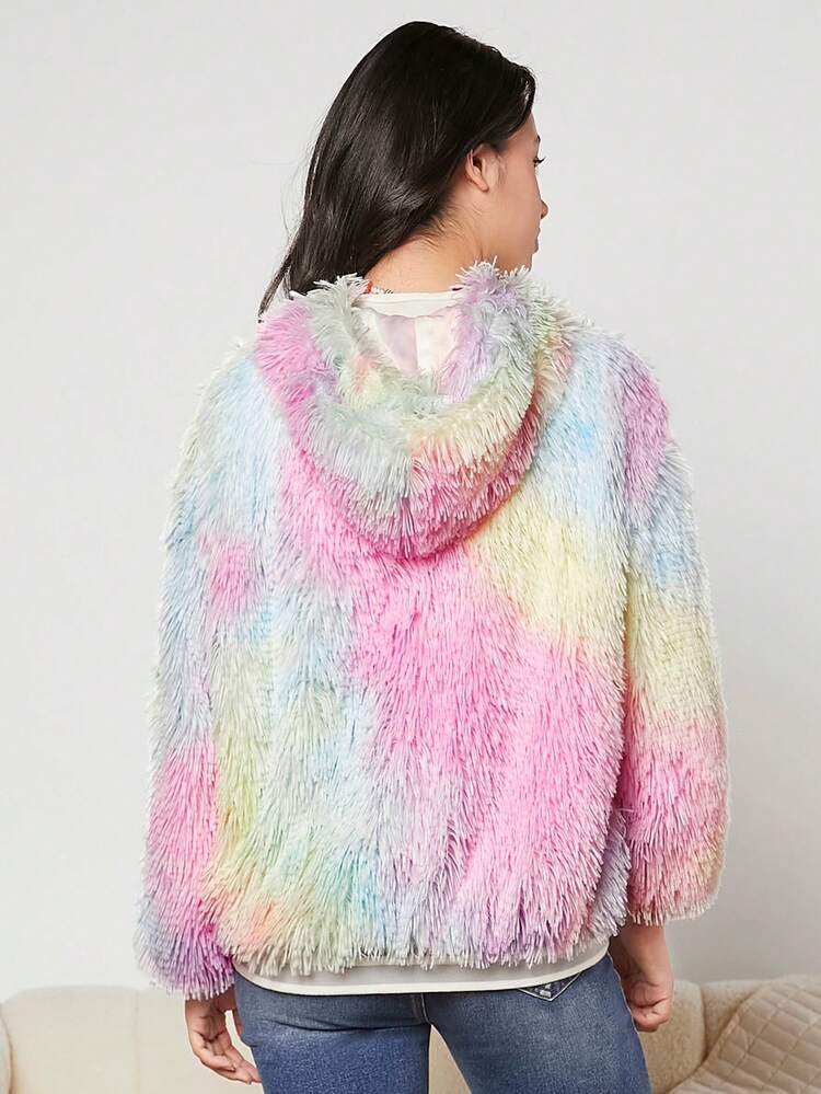 Teen Girl Tie Dye Drop Shoulder Hooded Fuzzy Coat