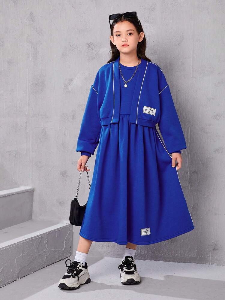 Tween Girl Letter Patched Contrast Piping Drop Shoulder Jacket & Dress