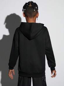 SHEIN 青少年男孩汽车和日文字母图案落肩卫衣 - 黑色 - 查看 2