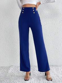 SHEIN Tall 高腰紐扣細節直筒褲 - 藍色 - 查看 4