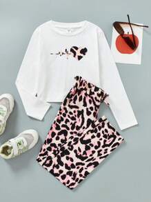 SHEIN 女大童愛心圖案T恤&豹紋印花長褲 - 淺粉色 - 查看 1