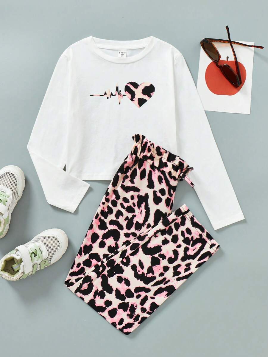 SHEIN 女大童愛心圖案T恤&豹紋印花長褲 - 淺粉色 - 查看 1