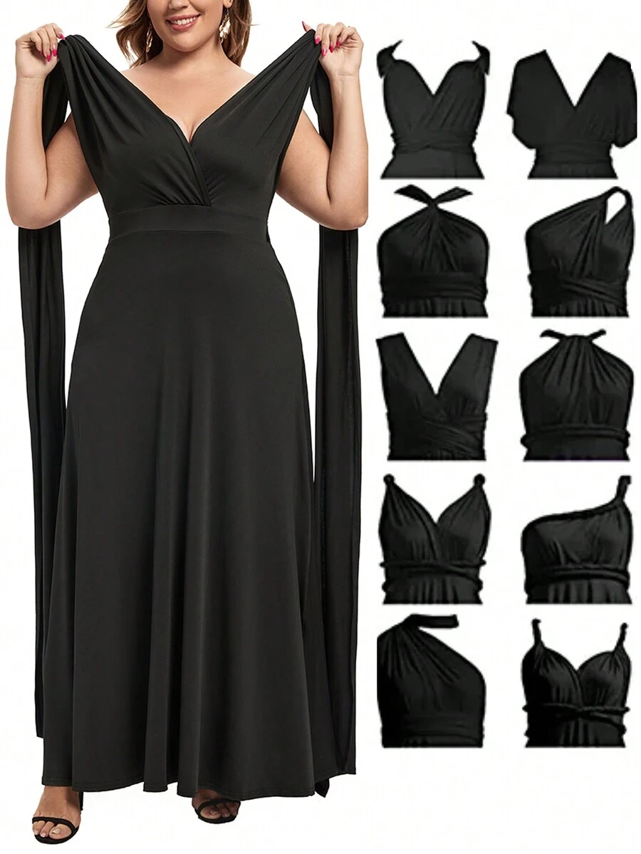 Plus Solid Various Ways To Wear A-line Dress - Black - View 1
