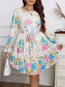 Calvaya 大碼印花喇叭袖繫腰帶洋裝 - 彩色 - 查看 3