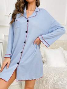 Snug Reverie Contrast Binding Button Front Drop Shoulder Pocket Patched Waffle Knit Lounge Dress, For Fall, Cozy Outfit