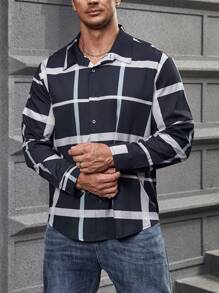 Manfinity Homme 男士大码格紋印花襯衫 - 黑色 - 查看 4