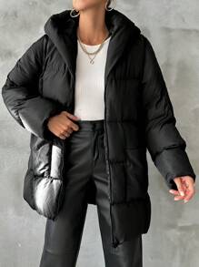 SHEIN Cottnline Zip Up Hooded Puffer Coat - Black - View 5