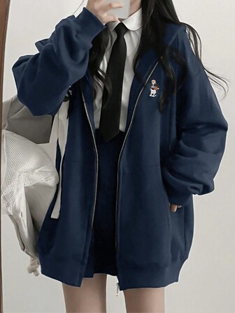 Women's Oversized Long Sleeve Hoodie Sweatshirt With Embroidered Bear Design, Loose Fit And Thermal Lined