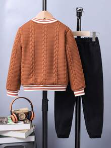 Chàng trai trẻ Thư được vá Sọc trang trí Áo khoác Đại học & Quần Without Tee - màu nâu - Xem 2