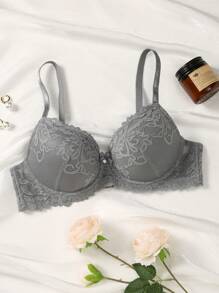 花網蕾絲底線胸罩內衣 - 灰色 - 查看 3