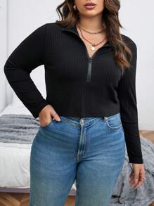 SHEIN CURVE+ Plus Half Zip Ribbed Knit Tee - Black - View 1