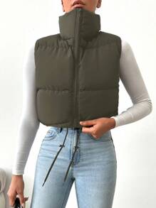 RueChic Drawstring Hem Zipper Puffer Vest Coat - Khaki - View 4