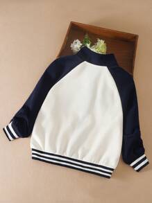 Garoto pré-adolescente Bordado Padrão de Letra Manga De Raglan Guarnição Listrada Zip Up Revestido Térmico Jaqueta