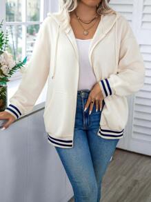 Calvaya Plus Size Contrast Color Striped Drawstring Hooded Sweatshirt, Casual Autumn/Winter - Apricot - View 3