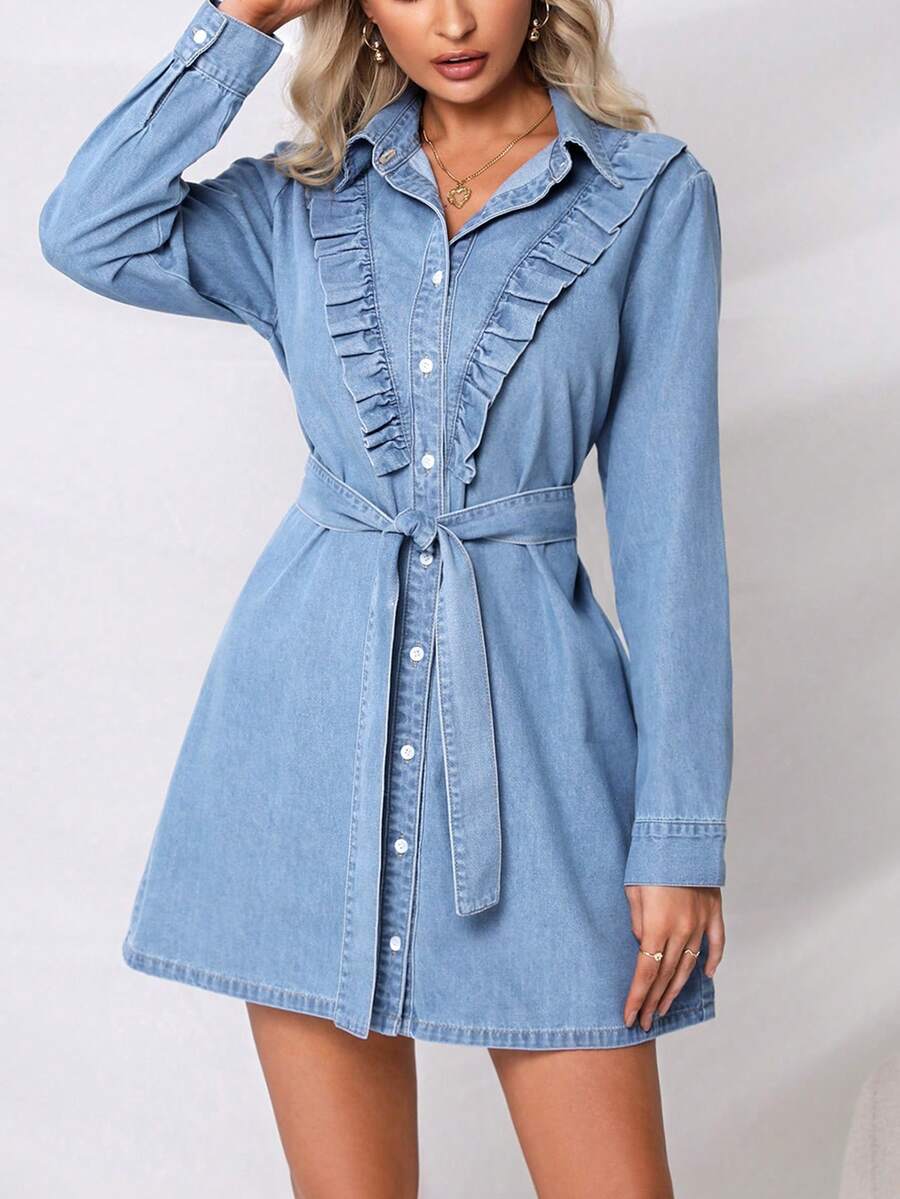 SHEIN Privé 荷葉邊腰帶牛仔洋裝 - 淺色水洗藍 - 查看 1