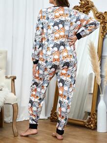 Plus Cartoon Graphic Contrast Binding Sleep Jumpsuit, Pajama Jumpsuit, For Fall, Winter - Multicolor - View 2
