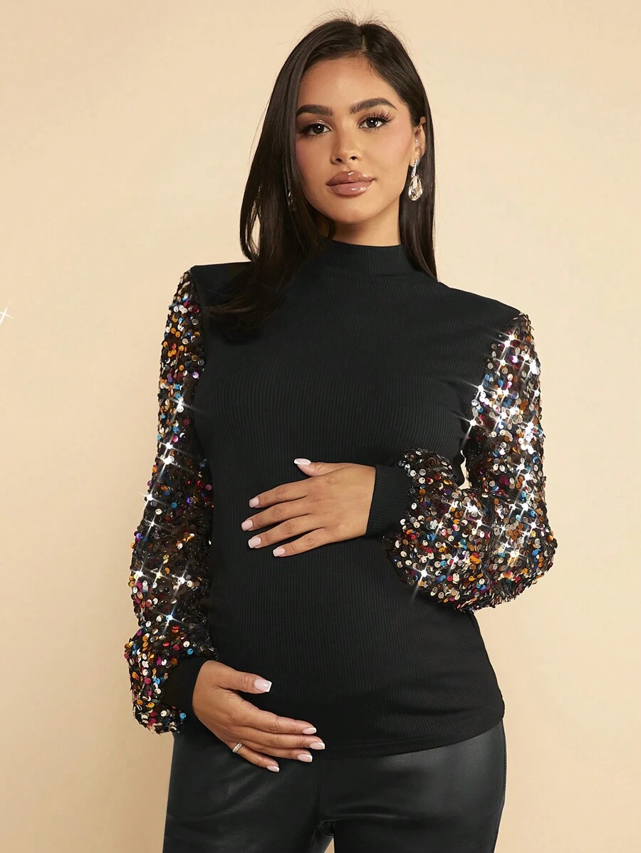 SHEIN Maternity Mock Neck Contrast Sequin Lantern Sleeve Tee - Black - View 1