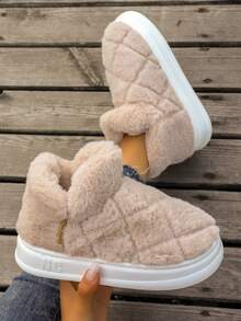女性高幫舒服的鞋,冬天戶外雪地靴,室內厚底毛絨保暖拖鞋 - 卡其色 - 查看 3
