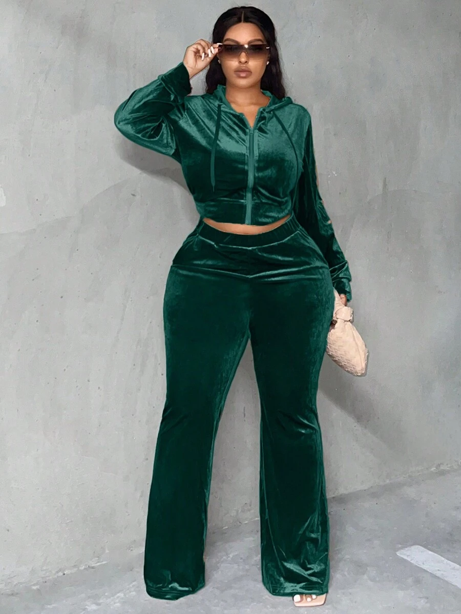 Slaydiva Hơn Dây kéo Dây rút áo có mũ Áo khoác & Quần ống loe - Màu xanh lá cây đậm - Xem 1