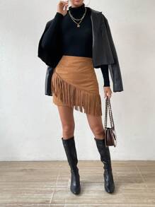 SHEIN Essnce Fringe Trim Wrap Faux Suede Bodycon Skirt - Brown - View 5