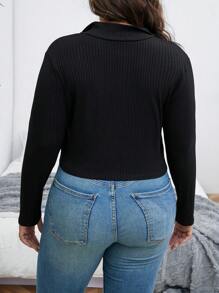 SHEIN CURVE+ Plus Half Zip Ribbed Knit Tee - Black - View 2