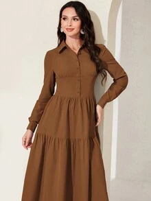 Modelyn 素色前紐扣襯衫洋裝 - 棕色 - 查看 4