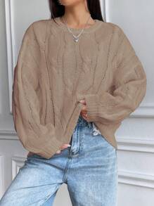 SHEIN Unity 休閒麻花紋純色女士毛衣 - 卡其色 - 查看 4