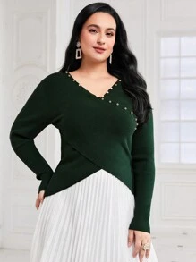 Modelyn Plus Pearls Beaded Crossover Sweater - Dark Green - View 4