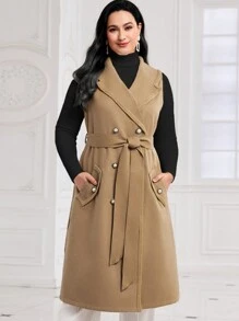 Modelyn Plus Double Breasted Belted Vest Overcoat - Khaki - View 4