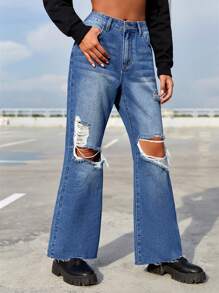 SHEIN EZwear Ripped Raw Hem Flare Leg Jeans